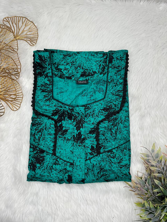 Midnight Green Printed Square Neck Centre Long 12" Zip Pure Cotton Feeding Nighty Free Size Short Sleeve (Suits for bra size 34″- 40″ | 54-56 inch length)