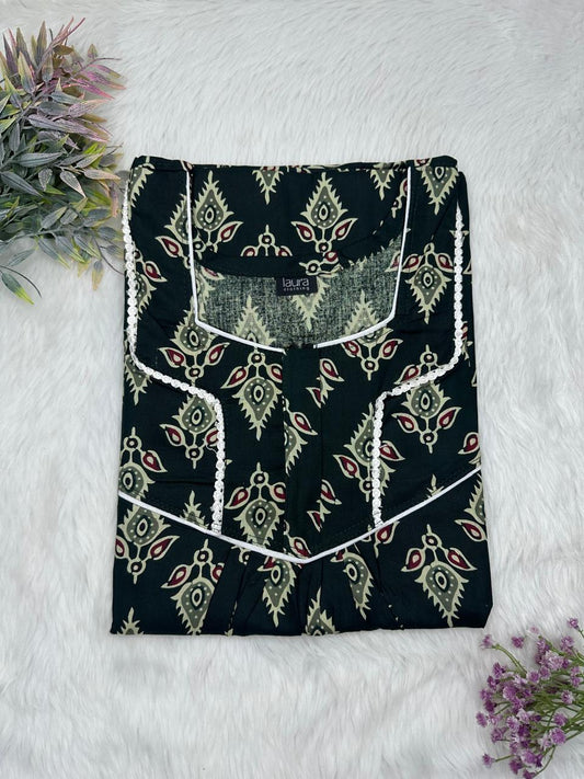 Dark Jungle Green Printed Square Neck Normal Zip Pure Cotton Nighty Free Size Short Sleeve (Suits for bra size 34″- 40″ | 54-56 inch length)