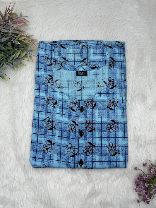 Blue Gray Printed Round Neck Pure Cotton Full Open Button Labour Room Nighty Free Size Short Sleeve (Suits for bra size 34″- 40″ | 54-56 inch length)