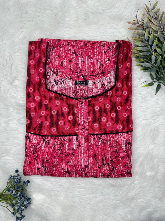 Deep carmine Printed Mix N Match Square Neck Pleated Cotton Nighty With Centre -8″ Zip Short Sleeve Free Size (Suits for bra size 34″- 40″ | 54-56 inch length )