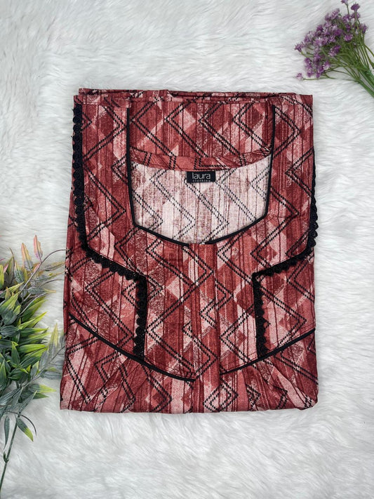 Wine Printed Mix and Match Square Neck Centre Long 12" Zip Pure Cotton Feeding Nighty Free Size Short Sleeve (Suits for bra size 34″- 40″ | 54-56 inch length)