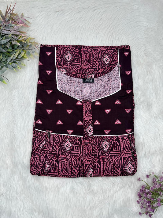 Turkish Rose and Zinnwaldite Brown Printed Square Neck Pleated Pure Cotton Feeding Nighty With Two Side Vertical Zip and Single Centre Zip Free Size Short Sleeve (Suits for bra size 34″- 40″ | 54-56 inch length)