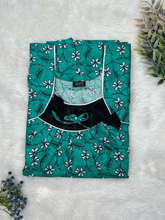 Skobeloff Printed Square Neck No Zip Pleated Pure Cotton Nighty Free Size Short Sleeve (Suits for bra size 34″- 40″ | 54-56 inch length)