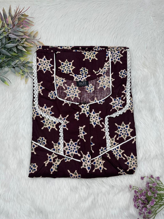 Seal Brown Printed Square Neck Centre Long 12" Zip Pure Cotton Feeding Nighty Free Size Short Sleeve (Suits for bra size 34″- 40″ | 54-56 inch length)