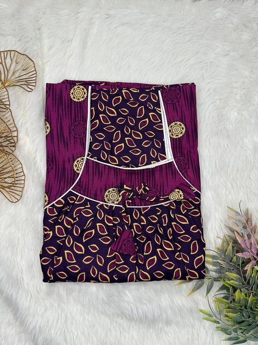 Seal Brown Printed Front and Tyrian Purple Pleated Pure Cotton Nighty Free Size Short Sleeve (Suits for bra size 34″- 40″ | 54-56 inch length)