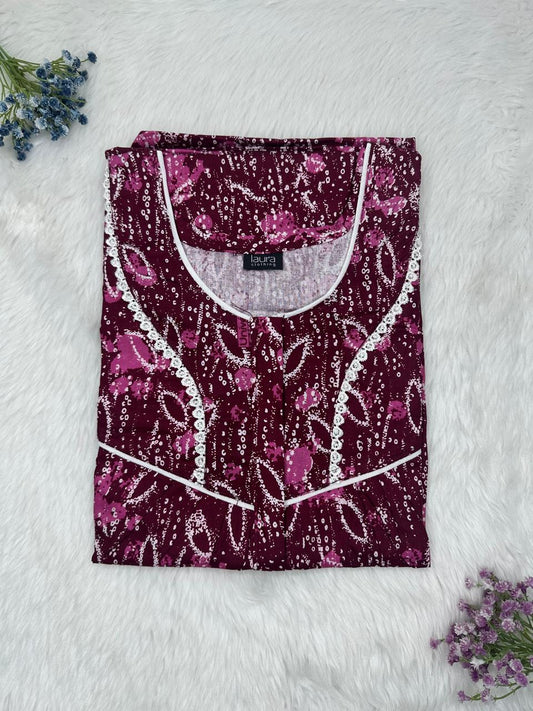 Dark Sienna and Boysenberry Printed Round Neck Centre Long 12" Zip Pure Cotton Feeding Nighty Free Size Short Sleeve (Suits for bra size 34″- 40″ | 54-56 inch length)