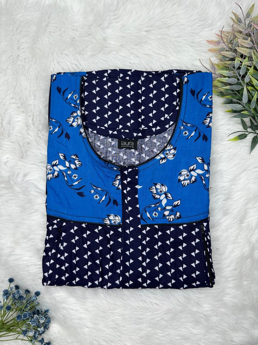 Oxford Blue and Sapphire Printed Round Neck Pleated Pure Cotton Feeding Nighty With Two Side Vertical Zip and Single Centre Zip Free Size Short Sleeve (Suits for bra size 34″- 40″ | 54-56 inch length)