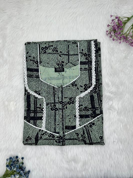 Dark Gray Printed Square Neck Centre Long 12" Zip Pure Cotton Feeding Nighty Free Size Short Sleeve (Suits for bra size 34″- 40″ | 54-56 inch length)