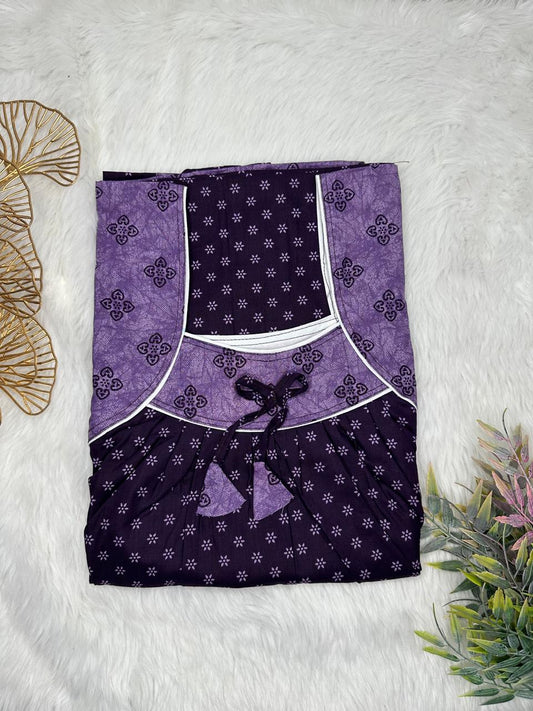 Onyx Printed Front and Lavender Purple Pleated Pure Cotton Nighty Free Size Short Sleeve (Suits for bra size 34″- 40″ | 54-56 inch length)