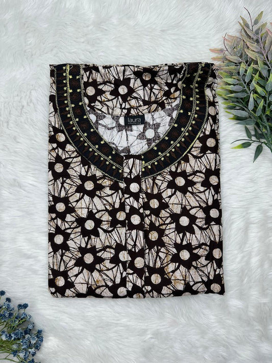 Platinum Printed 12" Long Zip Matching Embroidery Neck Pure Cotton Feeding Nighty Plus Size Short Sleeve (Suits for bra size 40″- 46″ | 54"-56" inch length)