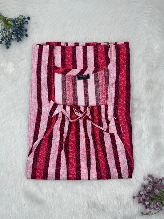 Pale Chestnut and Vivid Burgundy Pure Cotton Square Neck Elastic Pleated Nighty Free Size Short Sleeve (Suits for bra size 34″- 40″ | 54-56 inch length)