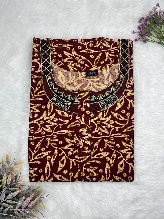 Seal Brown Printed 8" Long Zip Matching Embroidery Neck Pure Cotton Feeding Nighty Plus Size Short Sleeve (Suits for bra size 40″- 46″ | 54"-56" inch length)