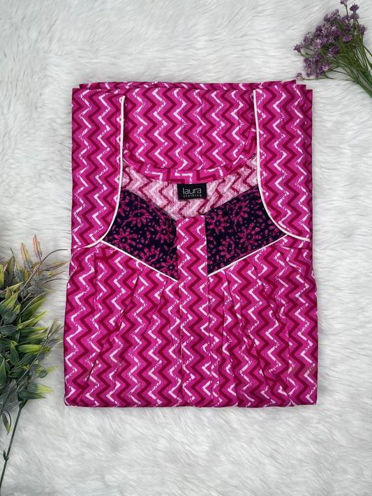 Red Violet Printed Square Neck Pleated Zip Pure Cotton Nighty Free Size Short Sleeve (Suits for bra size 34″- 40″ | 54-56 inch length)