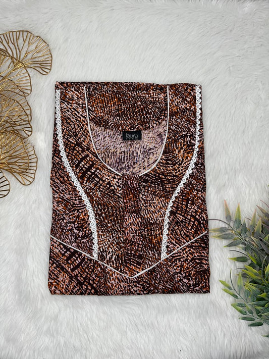 Medium Taupe Printed Round Neck Normal Zip Pure Cotton Nighty Free Size Short Sleeve (Suits for bra size 34″- 40″ | 54-56 inch length)