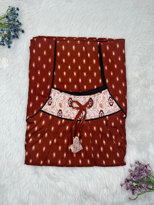 UP Maroon Printed Front and Back Pleated Pure Cotton Nighty Free Size Short Sleeve (Suits for bra size 34″- 40″ | 54-56 inch length)