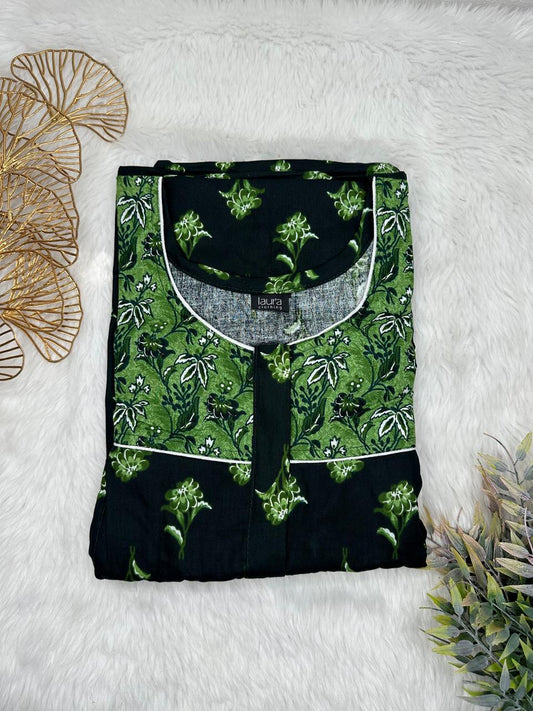 Onyx and Dark Olive Green Printed Round Neck Pleated Pure Cotton Feeding Nighty With Two Side Vertical Zip and Single Centre Zip Free Size Short Sleeve (Suits for bra size 34″- 40″ | 54-56 inch length)