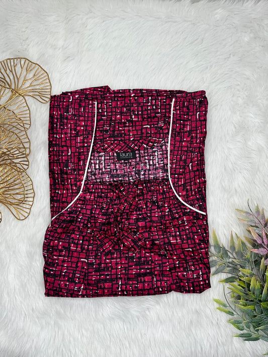 Vivid Burgundy Printed Pure Cotton Square Neck Elastic Pleated Nighty Free Size Short Sleeve (Suits for bra size 34″- 40″ | 54-56 inch length)