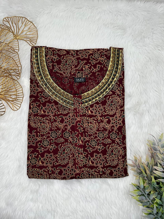 Dark Scarlet and Beaver Printed 12" Long Zip Pure Cotton Matching Neck Embroidery Feeding Nighty Free Size Short Sleeve (Suits for bra size 34″- 40″ | 54-56 inch length)