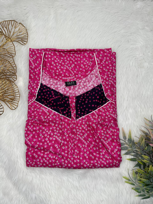 Rich Maroon Printed Square Neck Pleated Zip Pure Cotton Nighty Free Size Short Sleeve (Suits for bra size 34″- 40″ | 54-56 inch length)