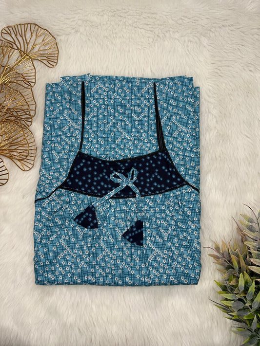 Cadet Blue Printed Front and Onyx Pleated Pure Cotton Nighty Free Size Short Sleeve (Suits for bra size 34″- 40″ | 54-56 inch length)