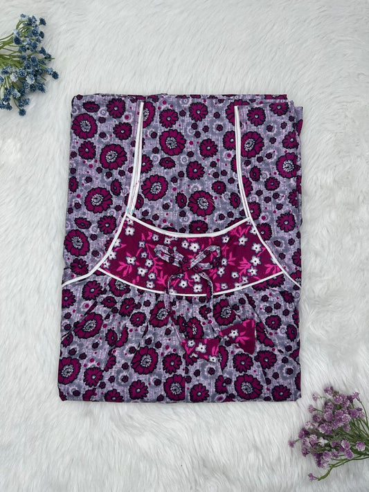 Mountbatten Pink Printed Front and Back Pleated Pure Cotton Nighty Free Size Short Sleeve (Suits for bra size 34″- 40″ | 54-56 inch length)