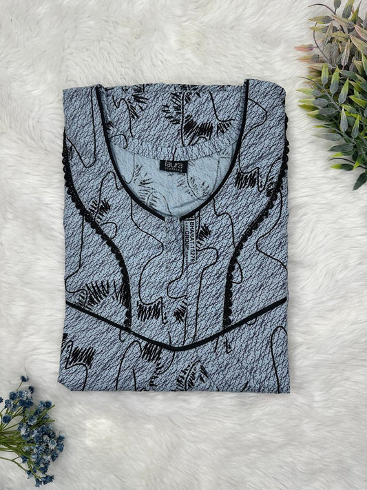 Cadet Gray Printed Round Neck Normal Zip Pure Cotton Nighty Free Size Short Sleeve (Suits for bra size 34″- 40″ | 54-56 inch length)