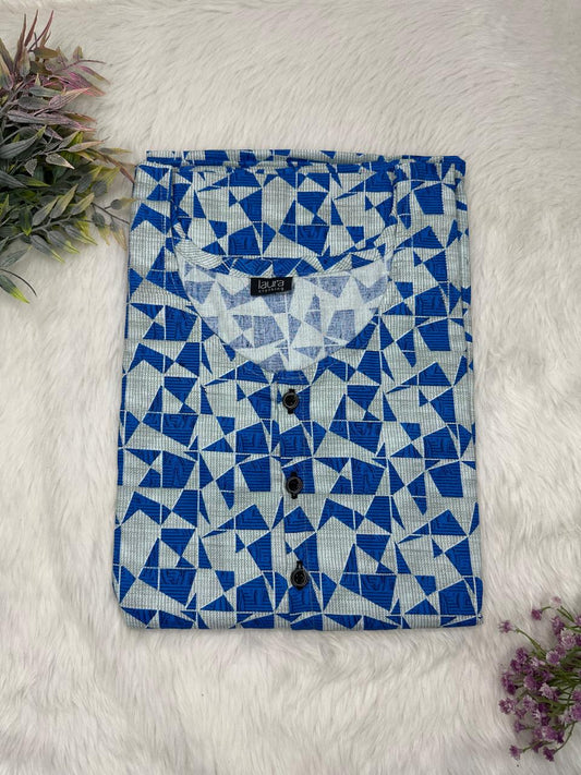 Ash Grey and Cool Blue Printed Round Neck Pure Cotton Full Open Button Labour Room Nighty Free Size Short Sleeve (Suits for bra size 34″- 40″ | 54-56 inch length)