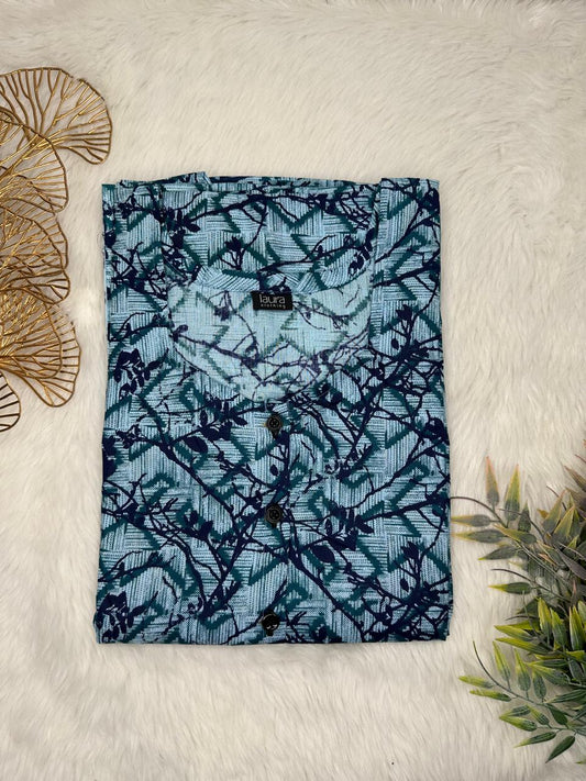 Air Force Blue and Onyx Printed Square Neck Pure Cotton Full Open Button Labour Room Nighty Free Size Short Sleeve (Suits for bra size 34″- 40″ | 54-56 inch length)