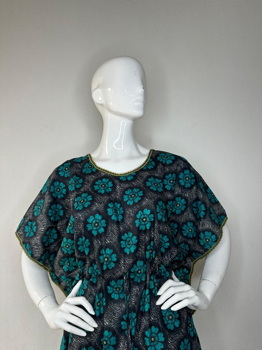 Outer Space and Cadet Blue printed Pure Cotton V-Neck Kaftan With Matching Border Lace And Adjustable Tie Free Size (Suits for bra size 34″- 40″) | 54-56 Inch Length