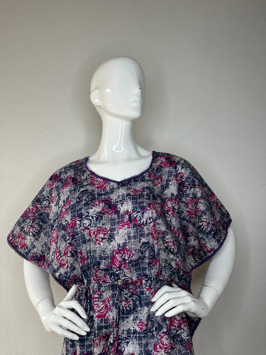 Mantee and Jazzberry Jam printed Pure Cotton V-Neck Kaftan With Matching Border Lace And Adjustable Tie Free Size (Suits for bra size 34″- 40″) | 54-56 Inch Length