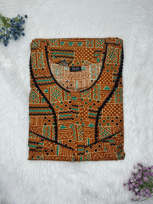 Saddle Brown Printed Round Neck Centre Long 12" Zip Pure Cotton Feeding Nighty Free Size Short Sleeve (Suits for bra size 34″- 40″ | 54-56 inch length)