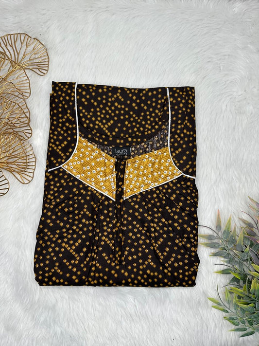 Bistre Printed Square Neck Pleated Zip Pure Cotton Nighty Free Size Short Sleeve (Suits for bra size 34″- 40″ | 54-56 inch length)