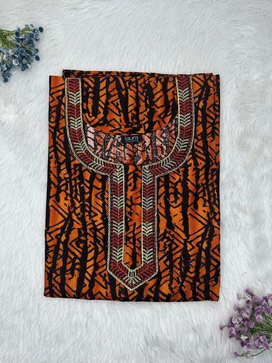 Burnt Orange Printed Normal Zip Pure Cotton Matching Neck Embroidery Nighty Free Size Short Sleeve (Suits for bra size 34″- 40″ | 54-56 inch length)