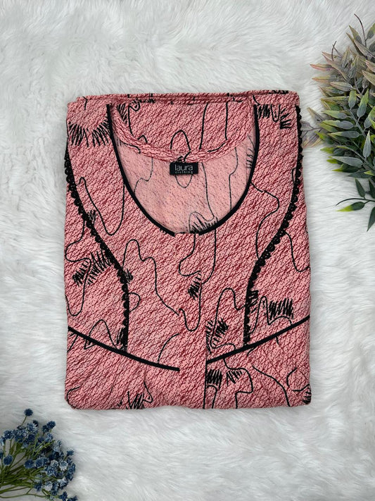 Pale Chestnut Printed Round Neck Centre Long 12" Zip Pure Cotton Feeding Nighty Free Size Short Sleeve (Suits for bra size 34″- 40″ | 54-56 inch length)