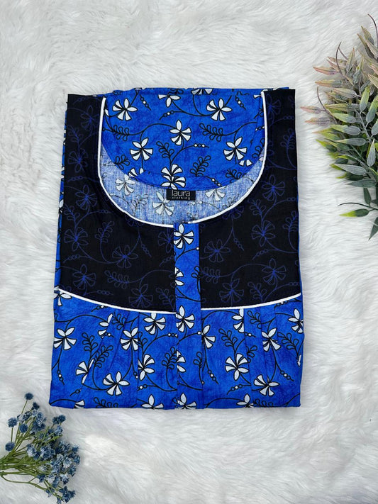 Cerulean Blue Printed Mix N Match Round Neck Pleated Cotton Nighty With Centre -8″ Zip Short Sleeve Free Size (Suits for bra size 34″- 40″ | 54-56 inch length )
