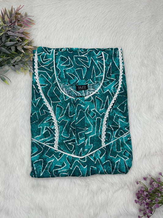 Teal Printed Round Neck Normal Zip Pure Cotton Nighty Free Size Short Sleeve (Suits for bra size 34″- 40″ | 54-56 inch length)