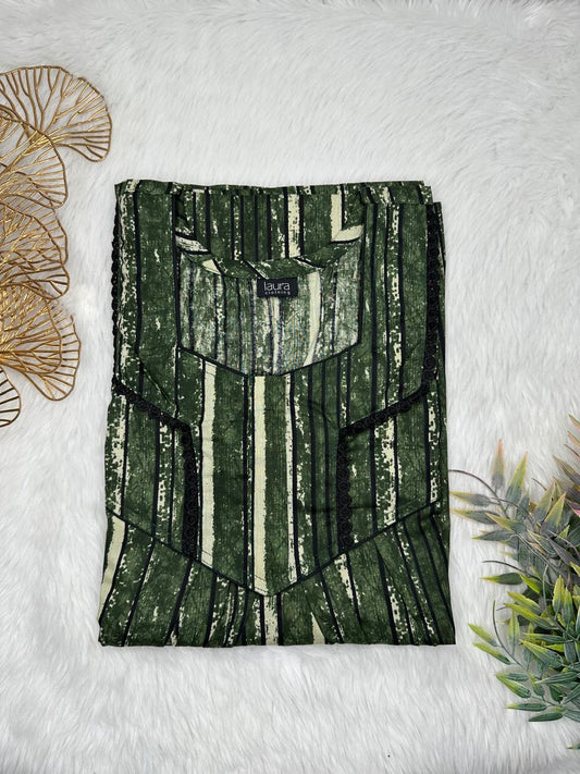 Rifle Green Printed Square Neck Normal Zip Pure Cotton Nighty Free Size Short Sleeve (Suits for bra size 34″- 40″ | 54-56 inch length)