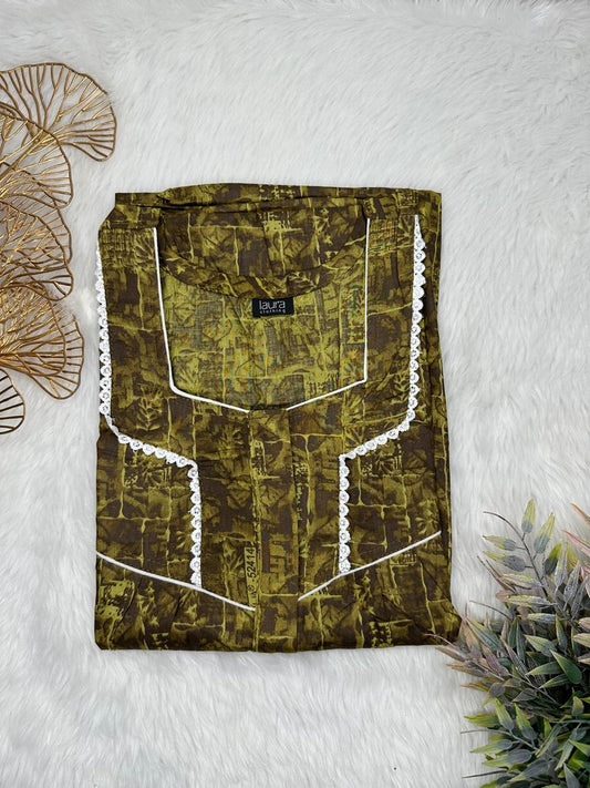 Field Drab and Bristre Printed Square Neck Centre Long 12" Zip Pure Cotton Feeding Nighty Free Size Short Sleeve (Suits for bra size 34″- 40″ | 54-56 inch length)