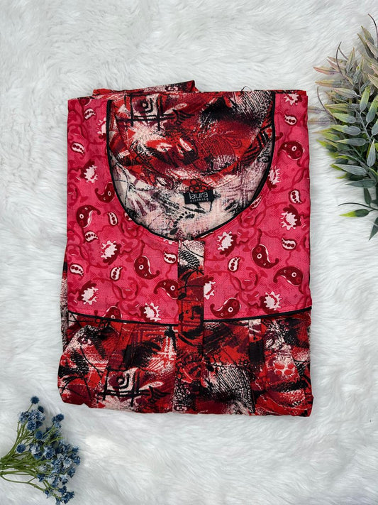 Vivid Auburn Printed Mix N Match Round Neck Pleated Cotton Nighty With Centre -8″ Zip Short Sleeve Free Size (Suits for bra size 34″- 40″ | 54-56 inch length )