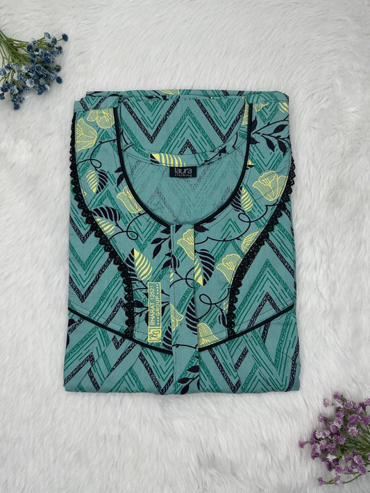 Cadet Blue Printed Round Neck Centre Long 12" Zip Pure Cotton Feeding Nighty Free Size Short Sleeve (Suits for bra size 34″- 40″ | 54-56 inch length)