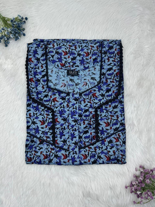 Moonstone Blue Printed Square Neck Centre Long 12" Zip Pure Cotton Feeding Nighty Free Size Short Sleeve (Suits for bra size 34″- 40″ | 54-56 inch length)