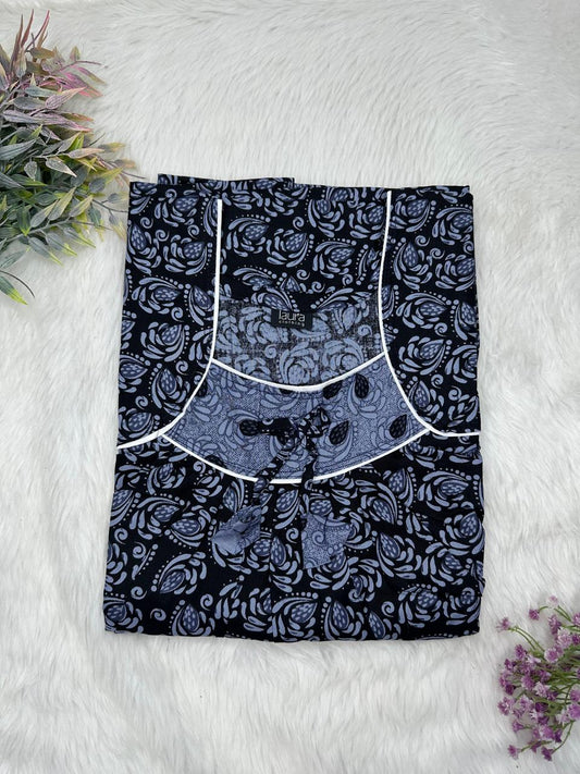 Slate Gray and Onyx Printed Square Neck No Zip Pleated Pure Cotton Nighty Free Size Short Sleeve (Suits for bra size 34″- 40″ | 54-56 inch length)
