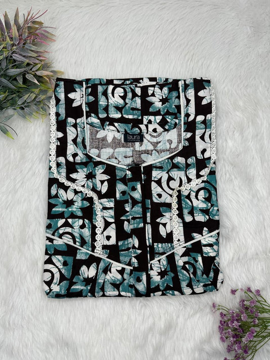 Dark Slate Gray and Onyx Printed Square Neck Centre Long 12" Zip Pure Cotton Feeding Nighty Free Size Short Sleeve (Suits for bra size 34″- 40″ | 54-56 inch length)