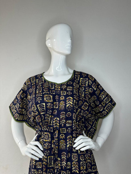 Oxford Blue and Pale Gold printed Pure Cotton V-Neck Kaftan With Matching Border Lace And Adjustable Tie Free Size (Suits for bra size 34″- 40″) | 54-56 Inch Length