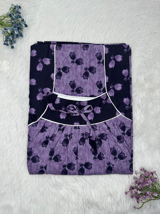 French Lilac Printed Front and Back Pleated Pure Cotton Nighty Free Size Short Sleeve (Suits for bra size 34″- 40″ | 54-56 inch length)