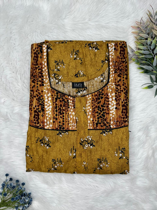 Golden Brown Printed Square Neck Pleated Pure Cotton Feeding Nighty With Two Side Vertical Zip and Single Centre Zip Free Size Short Sleeve (Suits for bra size 34″- 40″ | 54-56 inch length)