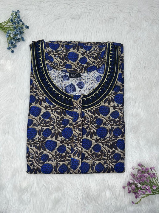 Dark Grey and Midnight Blue Printed 12" Long Zip Matching Embroidery Neck Pure Cotton Feeding Nighty Plus Size Short Sleeve (Suits for bra size 40″- 46″ | 54"-56" inch length)