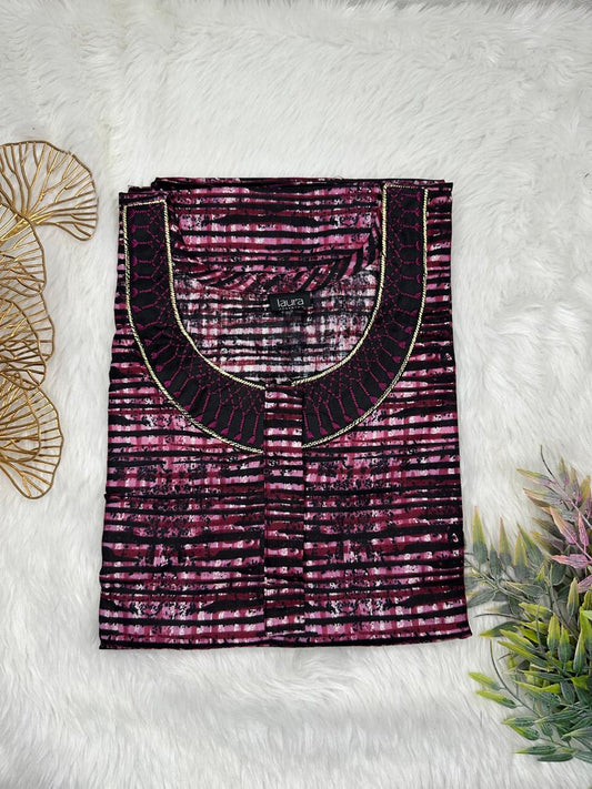 Raspberry Rose Printed Normal Zip Pure Cotton Matching Neck Embroidery Feeding Nighty Free Size Short Sleeve (Suits for bra size 34″- 40″ | 54-56 inch length)