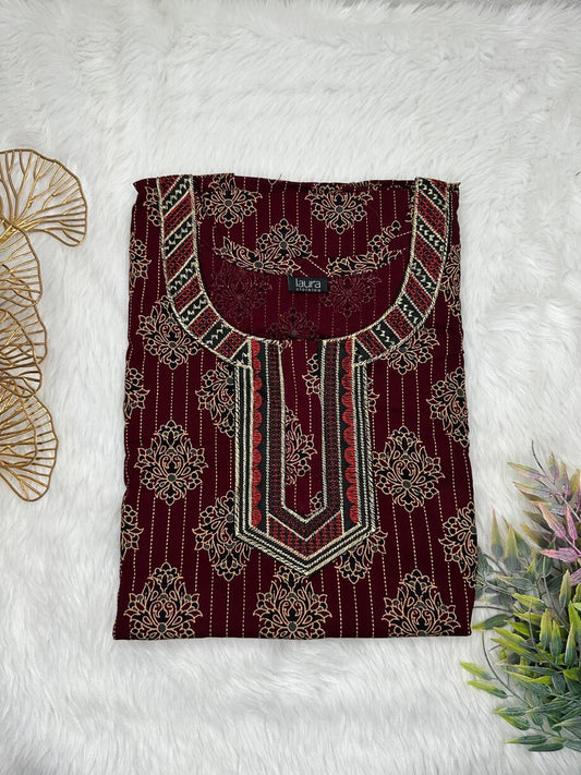 Seal Brown Printed Normal Zip Pure Cotton Matching Neck Embroidery Feeding Nighty Free Size Short Sleeve (Suits for bra size 34″- 40″ | 54-56 inch length)