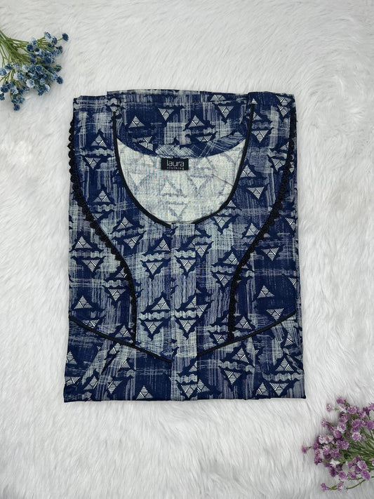 Oxford Blue Printed Round Neck Centre Long 12" Zip Pure Cotton Feeding Nighty Free Size Short Sleeve (Suits for bra size 34″- 40″ | 54-56 inch length)